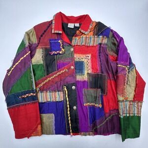 Vintage BLEU BAYOU DESIGNER Silk Patchwork Coat Of Many Colors Womens Large